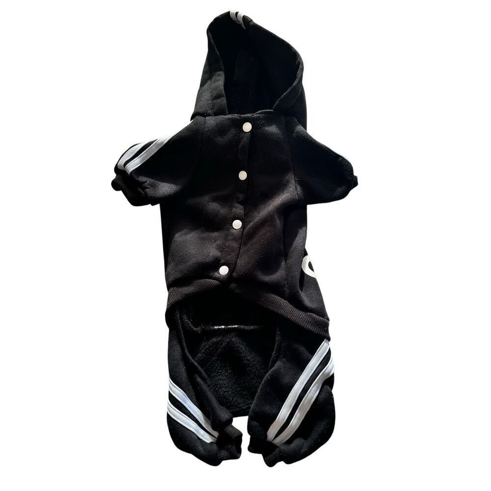 Adidog Sporty Pet Hoodie Tracksuit - Black/White 3-Stripe Dog Jumpsuit Size - Sm - Picture 2 of 4